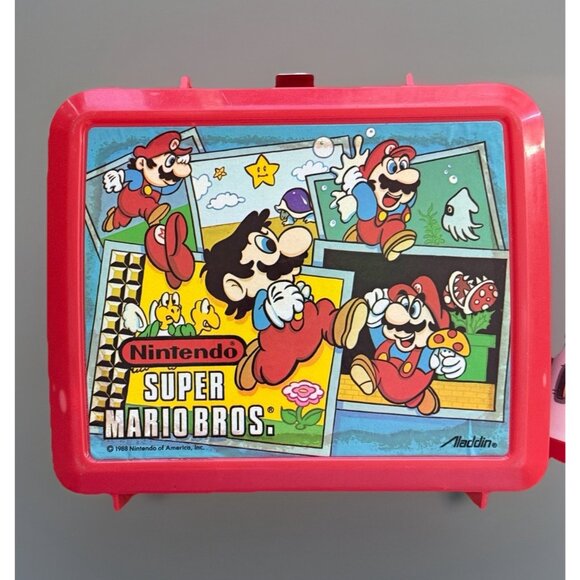 VTG 1988 Aladdin Super Mario Nintendo Plastic Lunchbox Thermos Cup Lunch Box RD - Picture 2 of 16